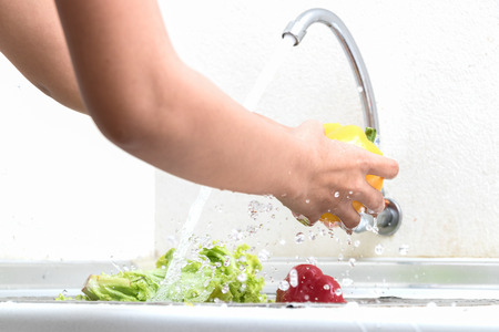 Woman hands are washing vegetables in kitchenの写真素材