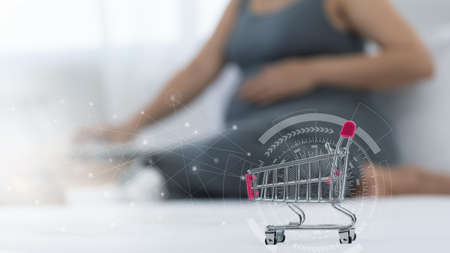 Internet shoopping online and ecommerce concept.pregnant are shopping baby products from online shop.の写真素材