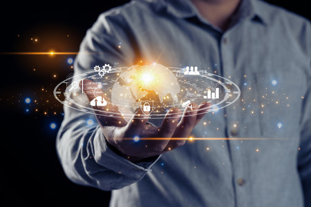 Human Hand holding virtual Global Internet connection metaverse.Digital link tech, big data.の写真素材