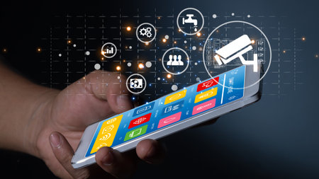 hand  using smart phone for mobile phone with smart home appの写真素材