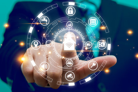 Businessman are pushing on touch screen smart home appの写真素材