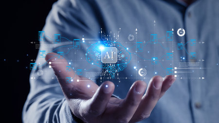 Businessman show virtual graphic Global Internet connect with AI technology AIの写真素材