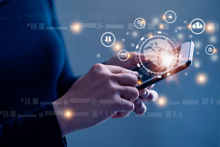 Human hand holding smart phone  and using mobile smart phone. Business global internet connection application technologyの写真素材