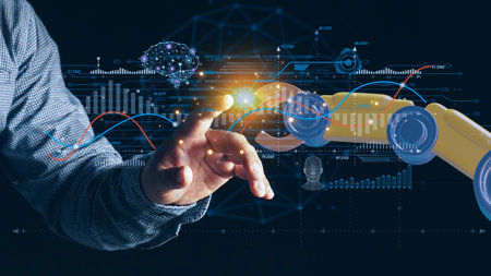 Human hand and robot hand  touching on big data network connection. AI, Machine learning,の写真素材