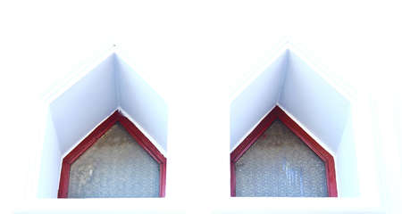 Wood windows on the ground wrapped in red and white colors stand taken in Samut Prakan province, Thailandの写真素材