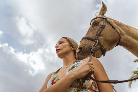 Blonde hair beautiful woman lifestyle with best friend horse in countryside. Portrait of people and animals for pet life concept. From the bottom to the top picture.の写真素材