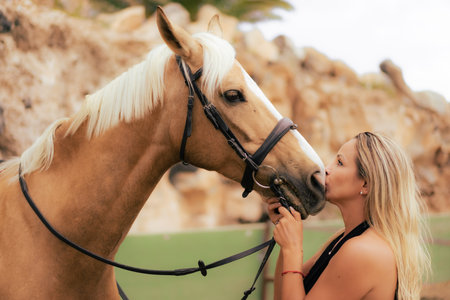 Young woman kissing and cuddling her horse inside stable. A happy girl communicates with her favorite horse. Human and animals relationship concept.の写真素材