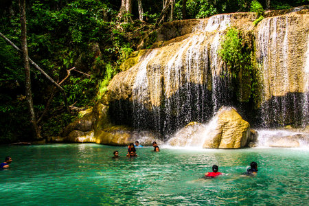tourists in Erawan waterfallのeditorial素材