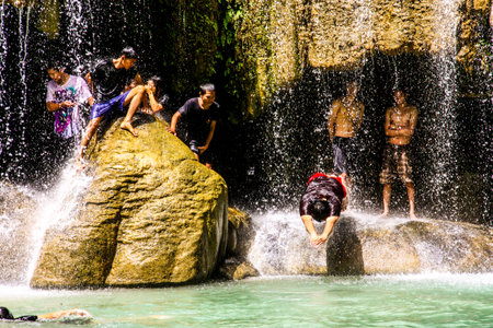 tourists in Erawan waterfallのeditorial素材
