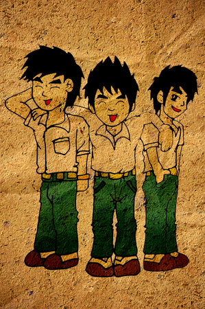 boys student cartoon on old crumpled paperの写真素材