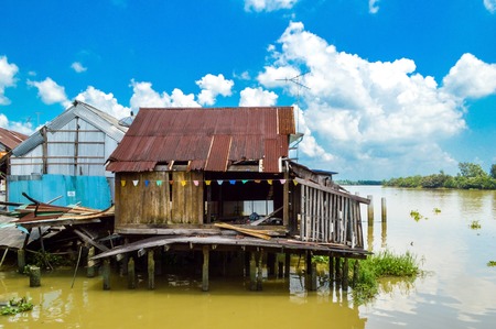 wood home in waterfront Bang Pakong River, Thailandのeditorial素材
