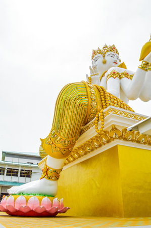 big white statue of brahma in Saman Rattanaram, Chachoengsao, Thailandの写真素材