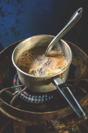 pot boiled on fire stoveの写真素材