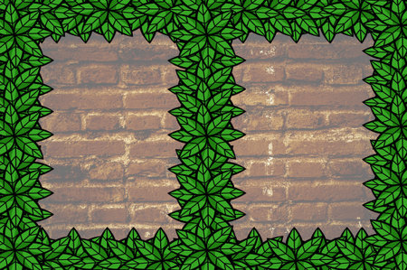 green leaves frame on old brick wallの写真素材