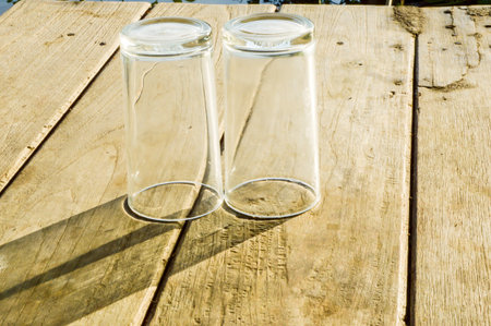 water glass empty wooden tableの写真素材