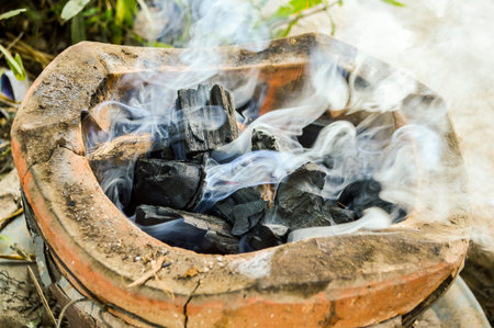 Old clay stove for traditional cooking in Thailandの写真素材