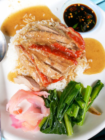 red roasted duck on steamed rice - Chinese food at restaurant in Thailandの写真素材