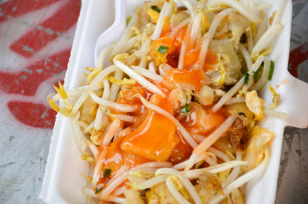 Crisp fried mussel pancakes. Shell fried with vegetables , Hoi Todの写真素材