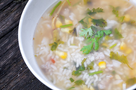 Asian style breakfast soft boiled rice, rice soup Thailand foodの写真素材