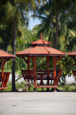 wood pavilion in gardenの写真素材