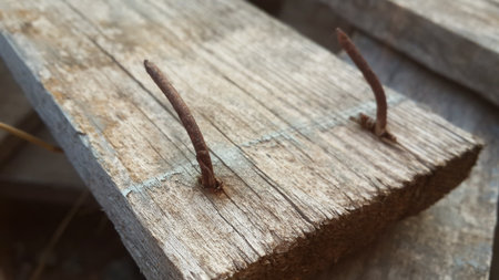 Rusty nail in obsolete wood plankの写真素材