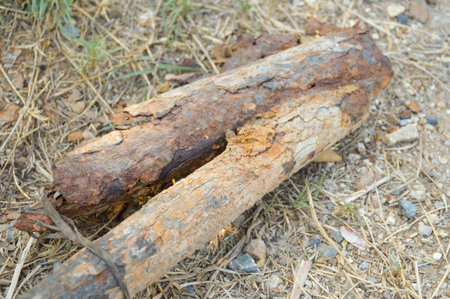 close up rusty iron post on the ground
