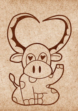 art cow cartoon on grunge brown illustration backgroundの写真素材