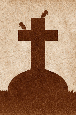 art gravestone silhouette on grunge brown illustration backgroundの写真素材
