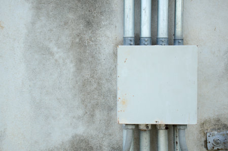 close up metal pipes on cement wallの写真素材