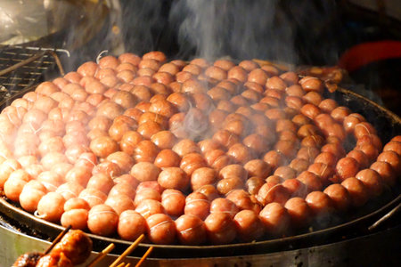 Thai style sausage grilling on stove at night marketの写真素材