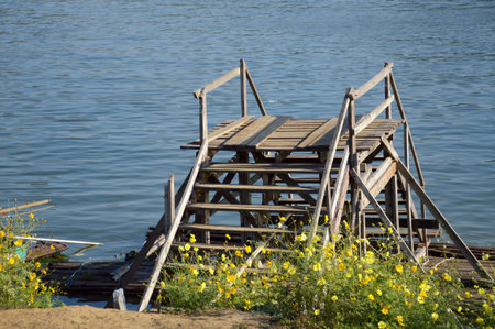 wood bridge near river in country Thailandの写真素材
