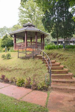 wood pavilion in gardenの写真素材