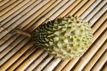 Durian fruit on wood tableの写真素材