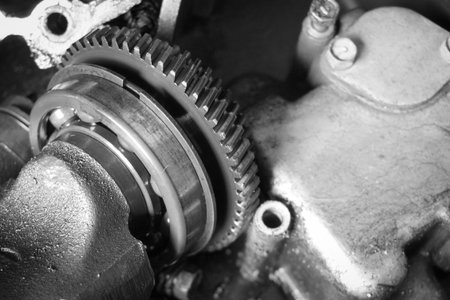 black and white closeup old engine equipment