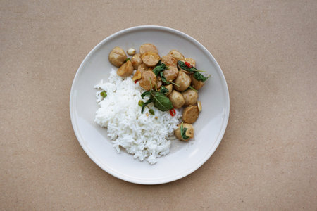 spicy meatball fried on hot riceの写真素材