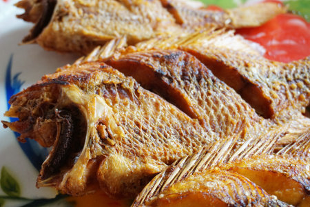 Fried fish on plateの写真素材