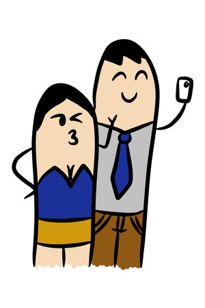 Cartoon Selfie couple on white backgroundの写真素材