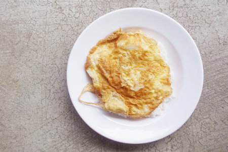 hot egg or omelet on riceの写真素材