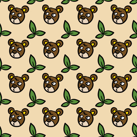 seamless pattern background of carton bear and green leafの写真素材