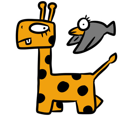 cartoon giraffe and bird on white backgroundの写真素材