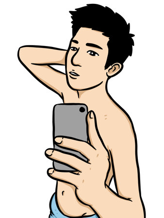 Cartoon man use phone for selfieの写真素材