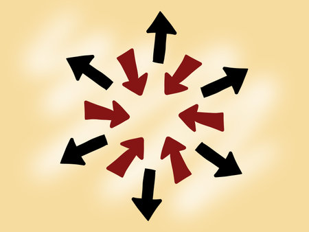 red and black arrow on yellow color backgroundの写真素材