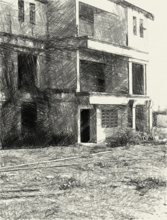 art drawing black and white of abandoned buildingの写真素材