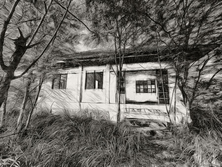 art drawing black and white of abandoned home in forestの写真素材