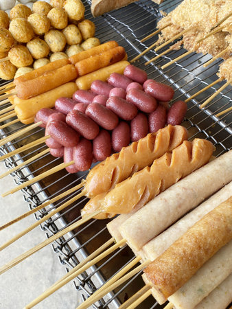 meatball on banana leaf in street foodの写真素材