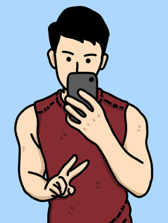 cute man cartoon on blue backgroundの写真素材