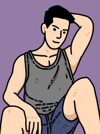 cute man cartoon on purple backgroundの写真素材