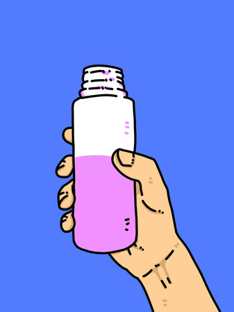 cartoon of bottle on man handの写真素材