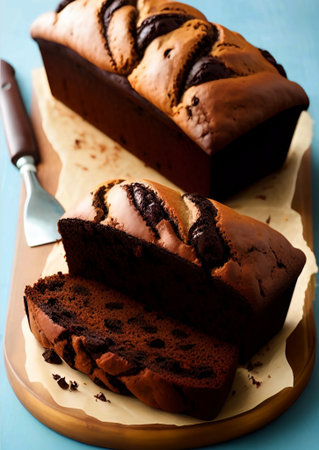 chocolate cake with icing sugar and black glaze on a white plate