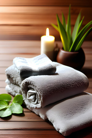 spa composition with towels, towel and flowers on wooden backgroundの素材